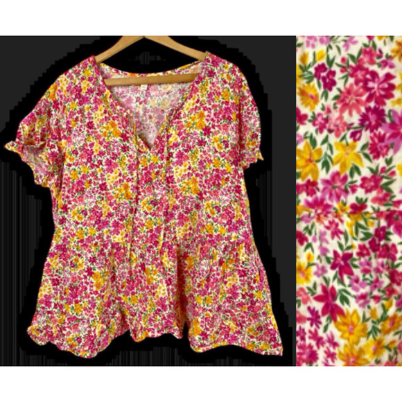 Terra & Sky Floral Top Fit & Flare Peplum Pink V Neck Romantic Cottagecore 1X - Picture 1 of 13
